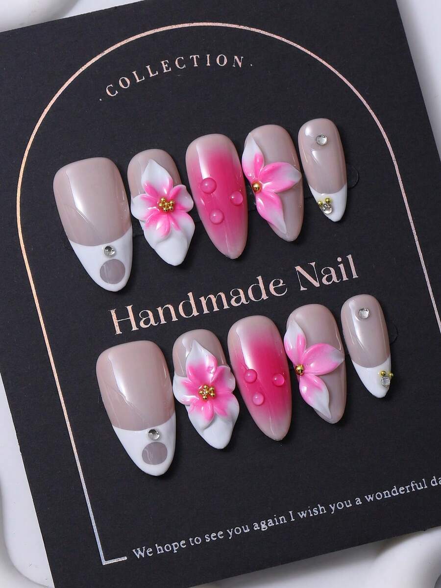 Adesivos de Unhas em Formato de Amêndoa Feitos à Mão no Estilo Francês Rosa Y2K & Padrões Esculpidos à Mão em 3D & Design de Estampa Degradê Pintada à Mão para Decoração de Unhas. 1 Peça de Gel de Gelatina e 1 Peça de Lixa de Unhas, Perfeito para o Dia a Dia, Bem como para Fantasias para Festas do Festival de Música Coachella, Unhas Postiças e Produtos de Cuidados com as Unhas. Suprimentos para Unhas - Rosa chiclete - Visão 1