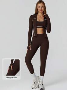 MASKERT 女士套装拼布外套女瑜伽服运动服健身服弹力拼布长裤紧身跑步服柔软舒适居家休闲 - 巧克力棕 - 查看 1
