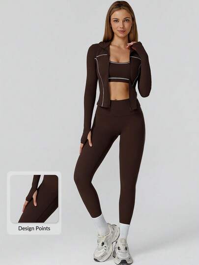 MASKERT 女士套装拼布外套女瑜伽服运动服健身服弹力拼布长裤紧身跑步服柔软舒适居家休闲