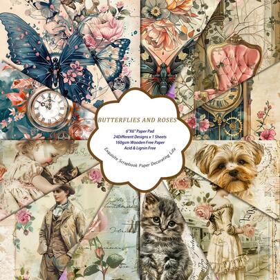 24 Sheets/1 Pack Retro Scrapbook Paper, Flower Butterfly Clock Cat Designs, Craft Paper Pad For Scrapbooking, Journal Decoration, Card Making, Planner Supplies, DIY Birthday & Holiday Projects, Perfect For Teens & Adults, School Supplies, Back To School