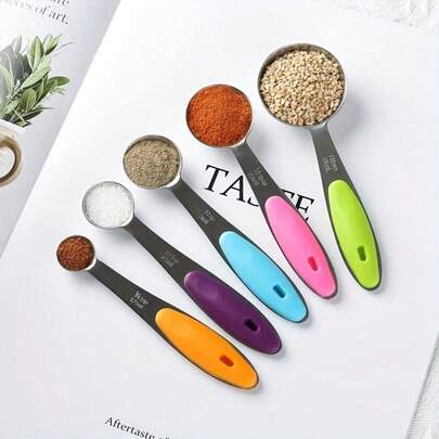 5pcs Stainless Steel Measuring Spoon Set With Silicone Handles - Perfect For Cooking And Baking, Food-, No Electricity Needed, Includes 1/4, 1/3, 1/2, 2/3, And 1 Cup Spoons, Kitchen Essentials|Stainless Steel Spoons|Durable Kitchenware