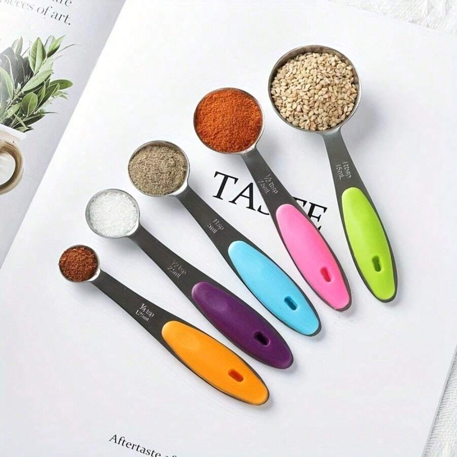 5pcs Stainless Steel Measuring Spoon Set With Silicone Handles - Perfect For Cooking And Baking, Food-, No Electricity Needed, Includes 1/4, 1/3, 1/2, 2/3, And 1 Cup Spoons, Kitchen Essentials|Stainless Steel Spoons|Durable Kitchenware - 5pcs Measuring Spoon Set - View 1