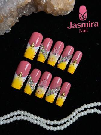 10 piezas de uñas postizas hechas a mano, uñas de manicura francesa estilo Y2K para presionar, uñas cuadradas para presionar, uñas rosas, uñas amarillas, con adornos de estrellas doradas y gemas para uñas, tallados hechos a mano, líneas pintadas a mano, estilo francés blanco clásico, uñas postizas cortas de 3.0 cm, adecuadas para mujeres y niñas para uso en el hogar, fiestas, cumpleaños, Navidad y otras festividades. Suministros de uñas DIY, reutilizables.