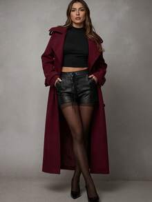 New Women's Elegant Double-Breasted Lapel Casual Street Style Coat For Commuting, Business, Dating, And Parties, Burgundy, Suitable For Autumn And Winter. - Màu Đỏ Sâu - Xem 4