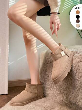 女士简约时尚基础款金属扣学院风抓绒雪地靴，套脚休闲短靴，卡其色，冬季必备