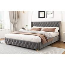 Upholstered Bed 140*190cm With Slatted Base And Headboard, Button Tufting, Rivet Tufting, Wooden Legs, Velvet, Grey - Gray + Velvet - View 9