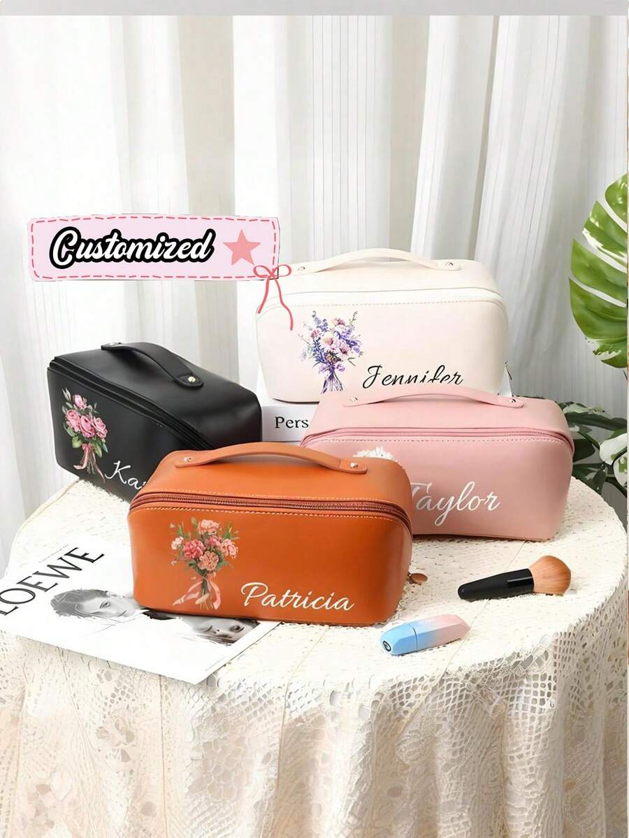 Flower Pattern Name Customized Cosmetic Bag, Zipper Design Large Opening Cosmetic Bag, Reusable Cosmetic Bag, Cosmetic Bag Skin Care Kit Cosmetic Bag Packaging Box, Travel Necessities Cruise Necessities Dormitory Necessities, Wedding Bridesmaid Gifts - Multicolor - View 1