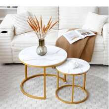 1 Juego de mesa de centro redonda anidada chapada en oro con tablero de mármol de madera y marco de metal resistente, adecuada como mesa auxiliar para sala de estar, dormitorio, balcón y patio - Dorado - Ver 11