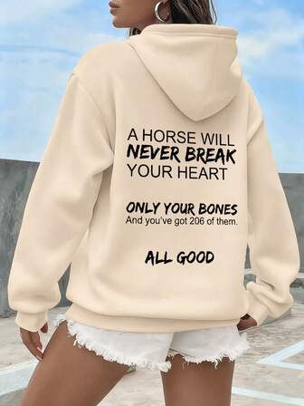 大码女式复古连帽衫 “马儿永不哭泣”趣味标语-206骷髅图案，秋冬休闲尺码
