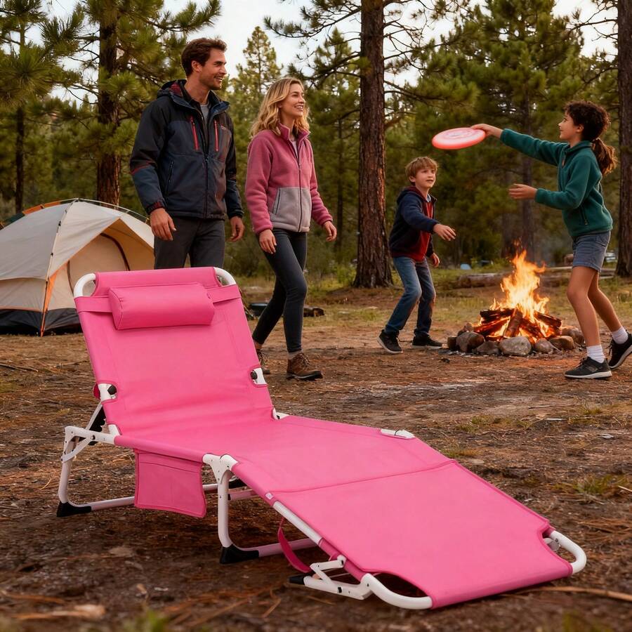 3-In-1 Sun Lounger With Face Opening - 5-Position Adjustable Reclining Angle Beach Lounger, Suitable For Pools And Outdoor Use - Portable Folding Design, With Headrest, Arm Slots And Storage Bag - Weight Capacity 440 Lbs - Rose Red - View 1