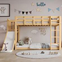 Wooden Bunk Bed With Ladder And Railing, With Curtain, Slide, Children's Bed With Fall Protection And Railing, MDF+Pine, White, 90x200cm - 自然色 - 查看 11