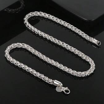 2pcs 925 Sterling Silver Plated Stylish Twisted Rope Necklace And Bracelet Set For Men - Silvery Charming Jewelry