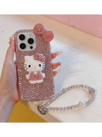 Sanrio New Luxury High-End Women's 3D Bow Kitty Cat Rhinestone Phone Case With Chain, Compatible With IPhone 17 Pro Max/17 Pro/17/16 Pro Max/16 Pro/16, 15 Pro Max/15 Pro/15, 14 Pro Max/13/11/12, Elegant And Fashionable