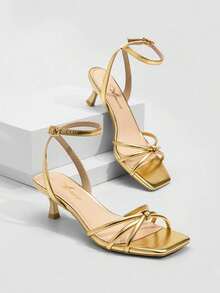 Athlefit Kitten Heels For Women Square Open Toe Strappy Low Heels Ankle Strap Dress Heeled Sandals For Prom Party Wedding - Vàng - Xem 2