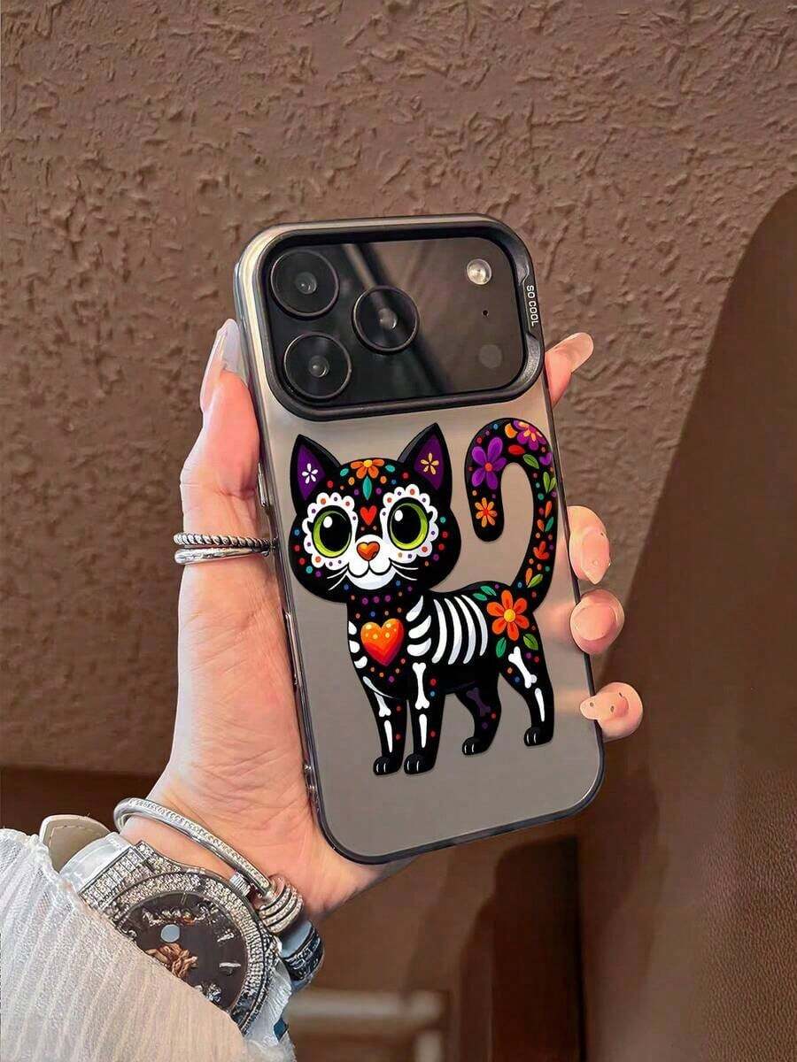 1pc Funda de Teléfono de TPU a Prueba de Golpes de Cobertura Completa, Esqueleto Floral Colorido Gato Negro con Ojos Verdes y Patrón de Corazón, Regalo de Navidad para Amantes de Gatos, Compatible con iPhone 17/16/15/14/13/12/11/Plus/Pro/Promax/Air, Galaxy S25/S24/S23/S22/S21/FE/Plus/Ultra, Funda de Teléfono Interesante a Prueba de Agua, Resistente a Golpes y Arañazos, Estilo Navideño, Regalo de Navidad Perfecto - Plateado - Ver 1