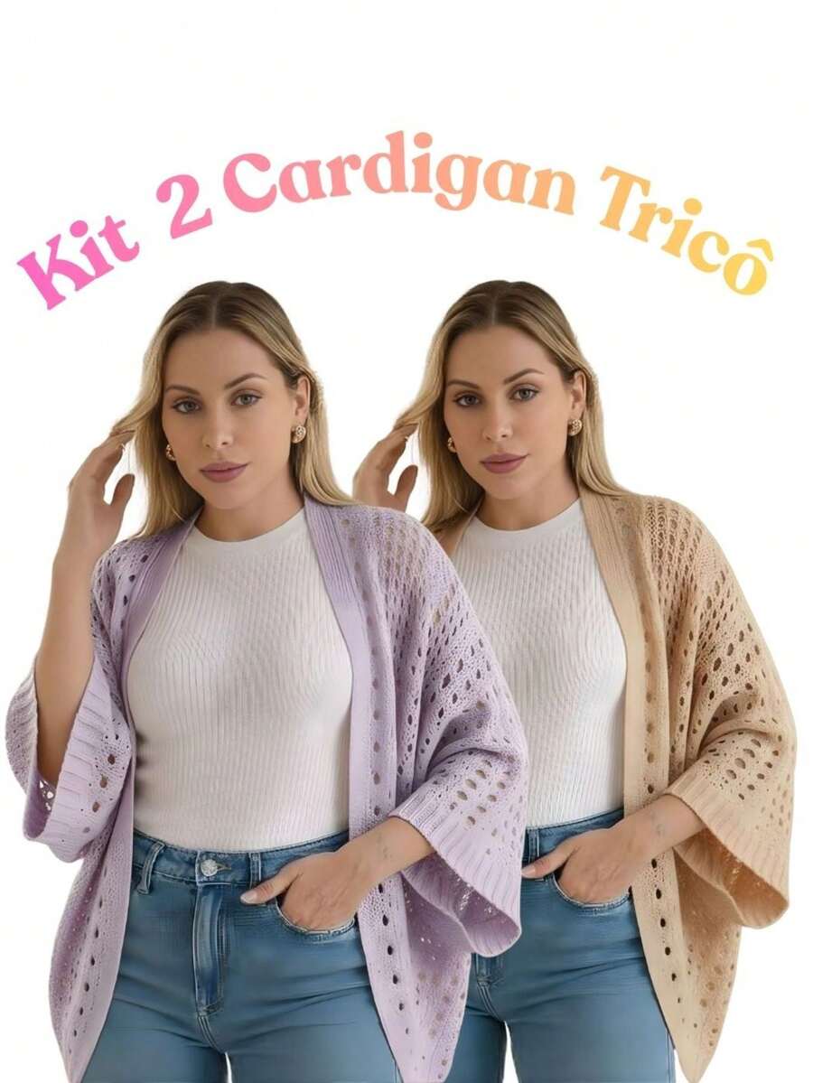 Set Of 2 Women's Cardigan Blouses, Knitted Cape, Openwork Knit, Autumn - 淡紫色/米色 - 查看 1