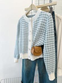 JIANHU 春季新款粉白格子心形纽扣毛衣开衫甜美少女风柔软复古长袖针织衫 - 新藍色 - 查看 6