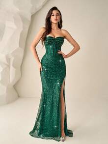 Đầm Astony One mới, gợi cảm, thanh lịch, xẻ tà, đính sequin, kiểu cổ yếm, đầm dạ hội màu xanh lá cây lấp lánh, xẻ tà cao. - màu xanh lá - Xem 6