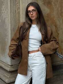 HH 女装秋冬绒面单排扣西装外套女式时尚高街休闲翻领长袖外套 - 銅色 - 查看 7