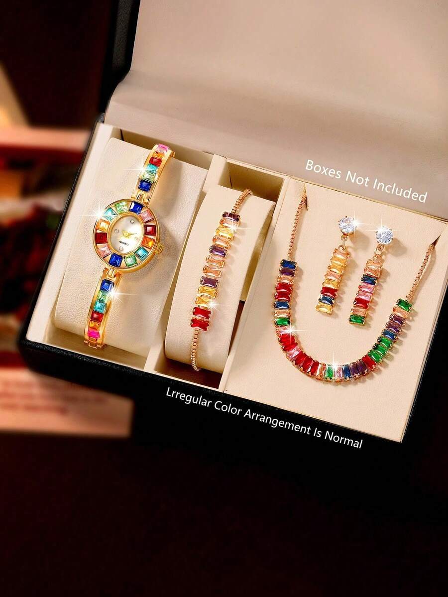 SOKI Set Perhiasan Kristal Pelangi 5 Buah, Set Perhiasan Wanita berupa Gelang, Kalung, dan Anting-anting Berlian Imitasi Bulat Berwarna-warni, Kotak Hadiah Perhiasan Jam Tangan Mewah Berkilau, Cocok untuk Hadiah Fashion Pesta Pernikahan (Kotak Tidak Termasuk)