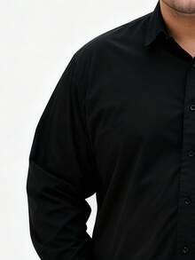 加大码男士军绿色商务休闲长袖黑色衬衫，百搭纯色正装衬衫 - 黑色 - 查看 3