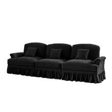 Canapé 3 places d'inspiration mid-century en chenille noire - Élégance rétro avec ses accoudoirs entonnoir, sa jupe à volants amovible et ses pieds fuseau emblématiques - défaut - Voir 9