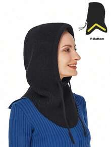 1pc Unisex Wool Blend Knitted Balaclava Hat, Warm & Soft Beanie Cap With Drawstring, Adjustable Neck Warmer For Autumn/Winter