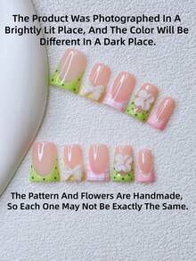 10片装Y2K风鸭嘴美甲贴片套装 - 手工制作，绿色美甲贴片，黄色美甲贴片，绿黄法式美甲贴片，手工3D花朵，手绘绿色波点粉色条纹蕾丝设计美甲用品 - 彩色 - 查看 4