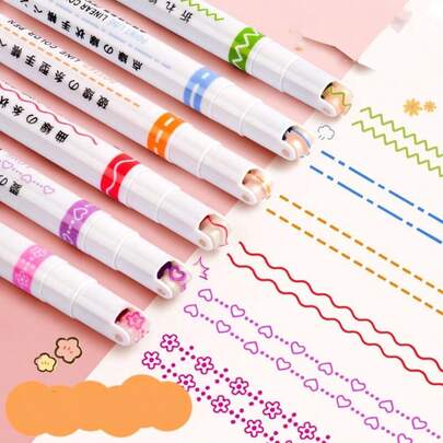6pcs Multi-Function Flower Shaped Highlighter Pens, Lightweight PE Body, Double-Ended Design, Detachable Cap, Various Arched Shapes, Suitable For Note-Taking And Coloring, Ideal Gift For Back To School And Valentine's Day