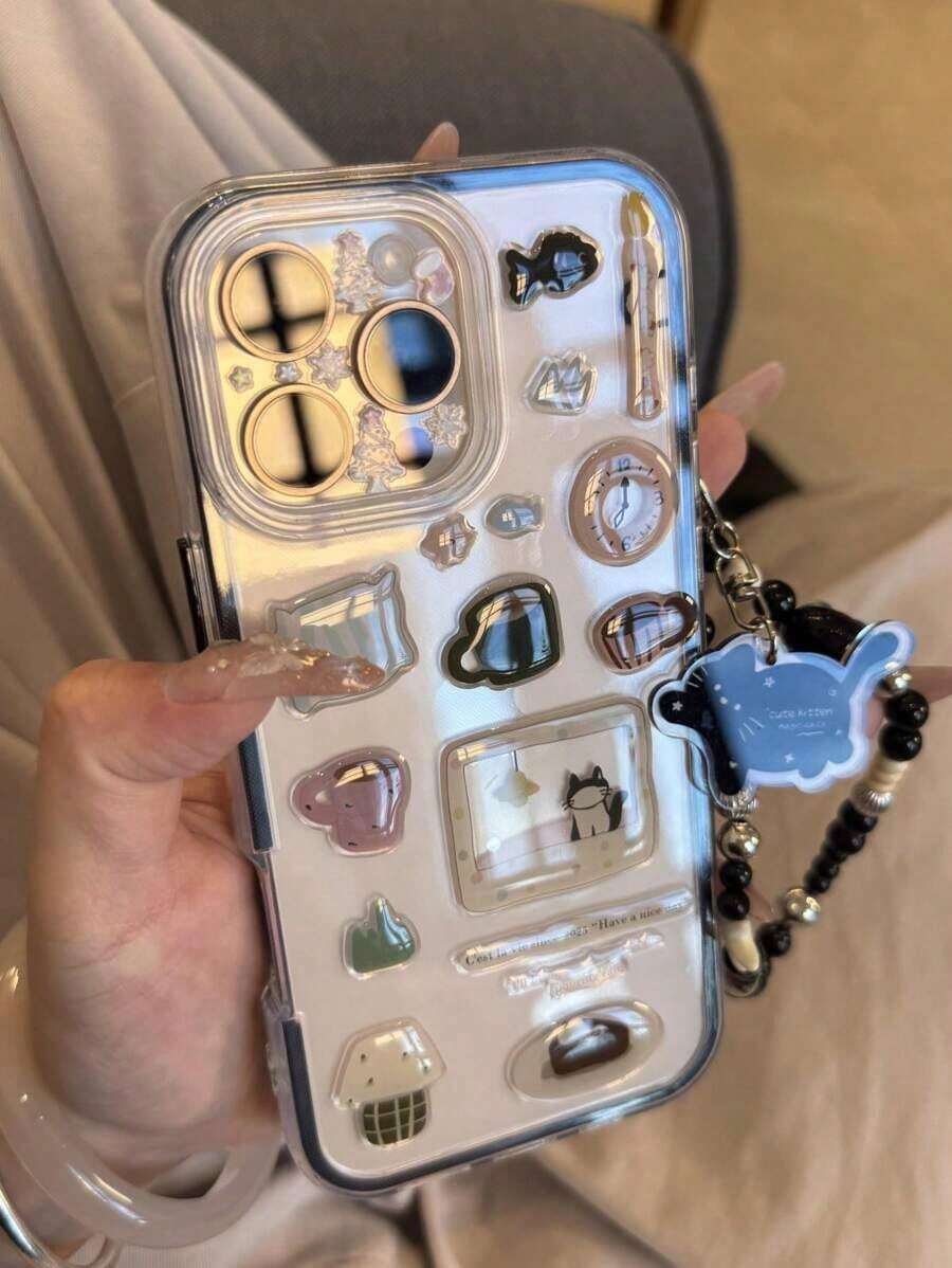 Valentine's DayDIY Cute Funny Snowman Tree Illustration Transparent Phone Case Compatible With IPhone 17 ProMax 17Pro 17 Air 17 16 ProMax 15 14 13 12 11 Pro Max Clear Lovely Shockproof Cover - 小貓貼紙 - 查看 1