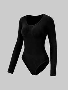1件装女士黑色无缝圆领长袖塑身衣，全包覆舒适连体衣