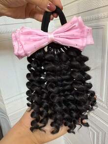 1 pieza Extensión de cabello con cola de caballo de 8 pulgadas [Cola de caballo rizada + Lazo de cinta beige/azul/morado/rosa] Pelucas y extensiones sintéticas de cola de caballo con lazo elástico para niños y mujeres, adecuadas para uso diario, regalos de Navidad, pelucas y accesorios de graduación - Negro natural - Ver 10