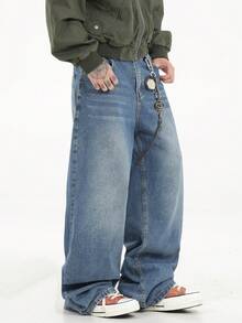 1 pieza Pantalones vaqueros holgados y lavados de estilo casual y ancho para hombre de la marca Justice Brother (cinturón y accesorios no incluidos) - Azul - Ver 7