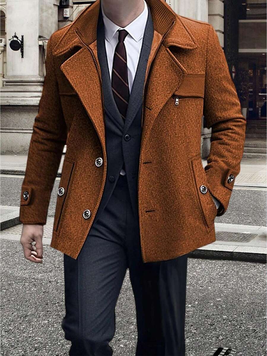 Mens Wool Pea Coat Winter Warm Long Sleeve Solid Color Jacket Button Down Overcoat - Reddish Brown - View 1