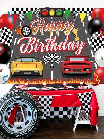赛车主题生日快乐背景幕布，汽车主题生日派对装饰，赛车派对拍照背景，生日派对用品，生日摄影装饰