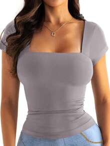 Vaiaye Women's Casual Solid Color Knit Square Neck Sexy Slim Fit Y2K Short Sleeve T-Shirt, Spring/Summer Activewear Top - Brown - View 11