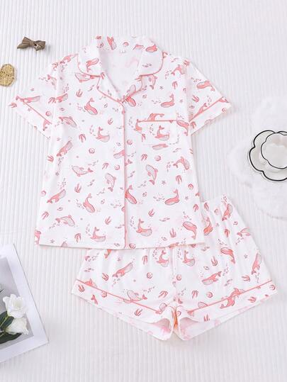 HOREA 2pcs Women's Sleepwear Set, Cute Ocean Whale Print, Comfortable Shirt Collar Short Sleeve Top And Elastic Waist Shorts, Suitable For Holidays, Parties, Casual Outdoor And Home Wear