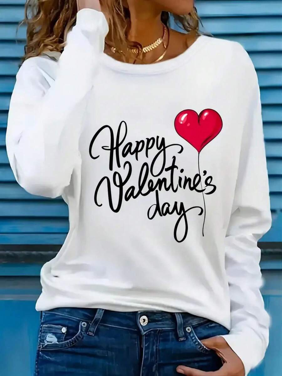 Long Sleeve Tops Women Ladies Long Sleeve Valentine's Day Sweatshirt - Happy Valentine's Day Text And Red Heart Pattern - Soft Daily Casual Top - Four Seasons Casual Wear - Valentine's Day Gift For Her - White Round Neck Pullover, Cute Sweatshirt, Seasonal Fashion, Skin-Friendly Fabric, Comfortable Fit, Warm Clothing, Geometric Pattern, Lightweight Material, Round Neck Shirt, Couple Outfit Loose And Comfortable Tops Winter Clothes For Women - trắng - Xem 1