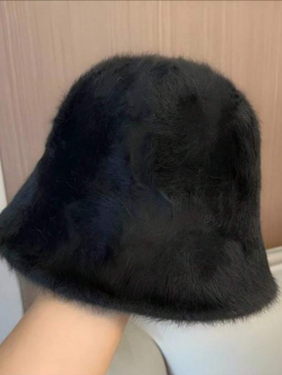 قبعة دلو قابلة للتعديل من فرو الأرنب، مريحة وناعمة وشتوية، مناسبة للخريف والشتاء، قبعة بيضاء فاخرة وناعمة للاستخدام اليومي - الأسود - مشاهدة 1