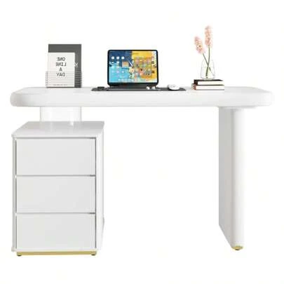 Modern Desk 117*50*74 Cm – Full White Lacquered Finish, Cloud Shape, 3 Drawers, Thickened Tabletop And Legs, Rounded Curves, Stable Fully Lacquered Desk, French Style Desk