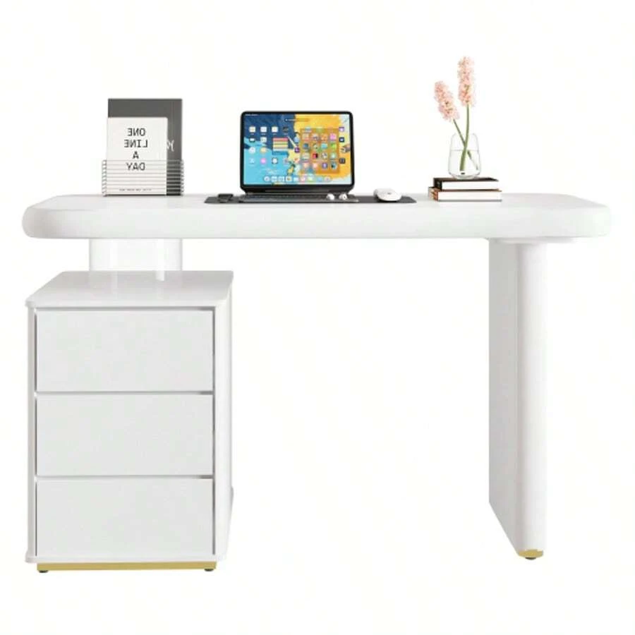 Modern Desk 117*50*74 Cm – Full White Lacquered Finish, Cloud Shape, 3 Drawers, Thickened Tabletop And Legs, Rounded Curves, Stable Fully Lacquered Desk, French Style Desk - White - View 1