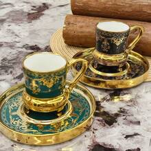 1/6pcs Set Luxury Embossed Floral Gold Rim Ceramic Coffee Cup & Saucer Set, 90ml/3.04oz Arabic Style Gold Rim Suitable For Cappuccino, Latte, Mocha, Milk, Double Espresso, Elegant Home Decor, Office, Kitchen, Perfect Gift For Christmas, Valentine's Day, Festival - Gift For Her/Him - Multicolor - View 9