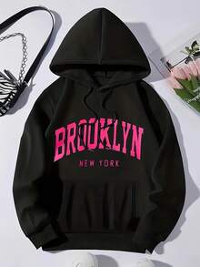 Cozy Fleece-Lined Hoodie With BROOKLYN Print - Casual Drawstring Pullover For Women Pocket, Perfect For Fall & Winter - màu đen - Xem 1