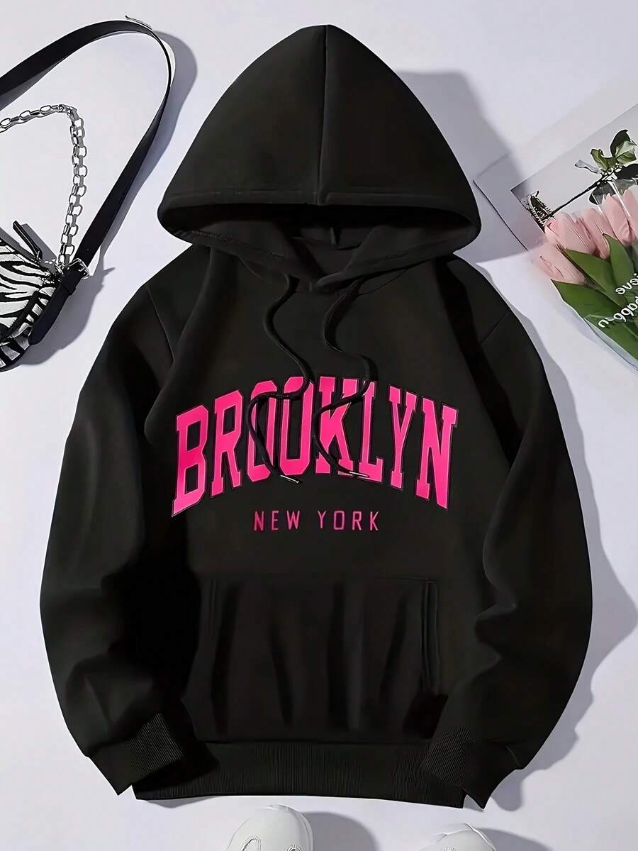 Cozy Fleece-Lined Hoodie With BROOKLYN Print - Casual Drawstring Pullover For Women Pocket, Perfect For Fall & Winter - màu đen - Xem 1