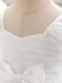 Baby Girls V-Neck Bow Ruffle Mesh Cute Wedding Dress, Suitable For Birthday Party, Excluding Headband - White - View 6