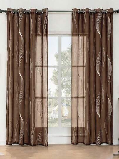 2 piezas Cortinas transparentes de patrón de borlas plateadas modernas, con anillos de metal en la parte superior, lavables a máquina, cortinas decorativas de poliéster adecuadas para la sala de estar, para todas las estaciones, sin cordón, tejidas, 120-140g - Cortinas de estilo de lujo