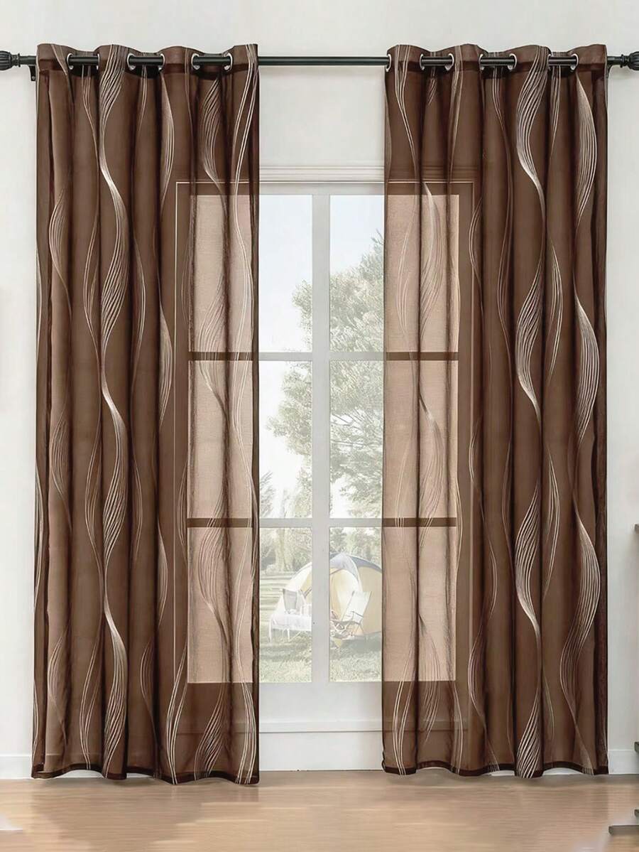 2pcs Modern Silver Tassel Pattern Sheer Curtains, With Metal Rings Top, Machine Washable, Decorative Polyester Curtains Suitable For Living Room, All Seasons, Cordless, Woven, 120-140g - Luxury Style Curtains - Brown - View 1