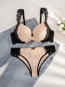 1 Set Women Plus Size Solid Color Lace Strap Bow Decor Underwire Bra & Panty Set - Camel - View 5