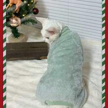 Thick Hairless Cat Clothes, Warm Belly Protective Jumpsuit For Sphynx Cats In Autumn/Winter. Mint Green Faux Lambswool High Collar Cat Outfit, Suitable For Sphynx And Devon Rex Cats. Warm, Skin-Friendly, Non-Stuffy, Cute For Indoor And Outdoor Wear. - Mint Green - View 9