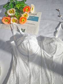 1 pieza Body de encaje, ropa de club sexy para salir, fiesta, camiseta sin espalda, top ajustado de tirantes finos - Blanco - Ver 9